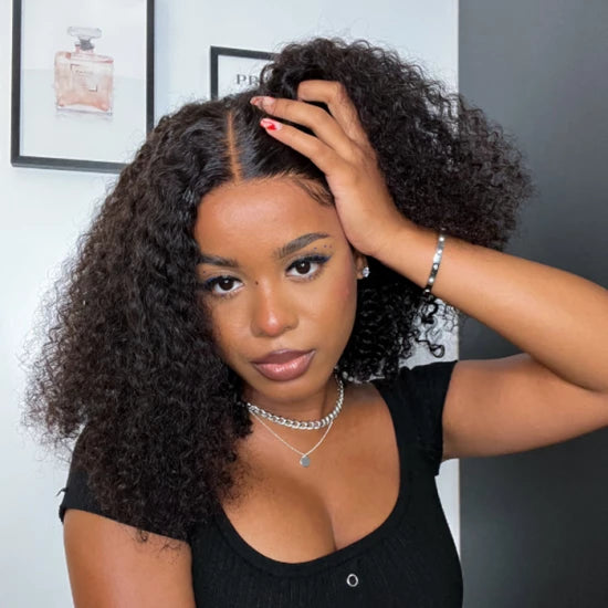 14-16 Inch 5"x5" HD Glueless Closure Wig Kinky Curly #1B 180% Density Brazilian Virgin Hair